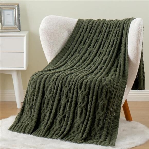 Olive Green Throw Blanket Chunky Cable Knit Soft Cozy Chenille Blanket for Couch - Picture 3 of 7